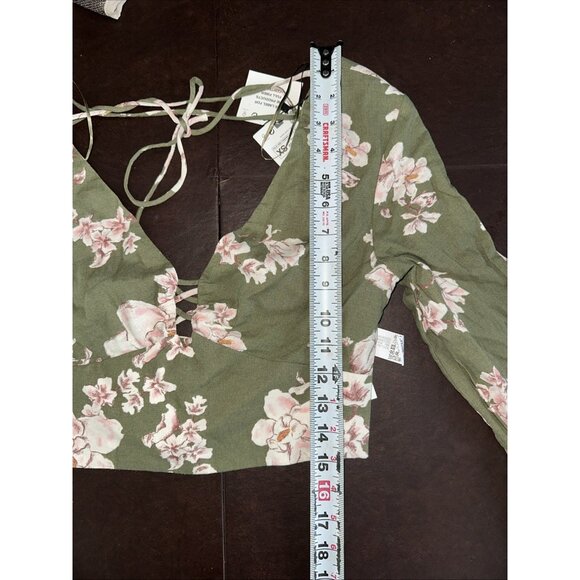 Zara Floral Lace-Up Crop Top XS Green & Pink Linen Blend - Picture 10 of 10